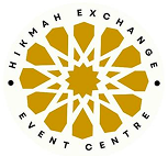 Hikmah Exchange Event Centre logo featuring a golden geometric floral design with black text on white background.